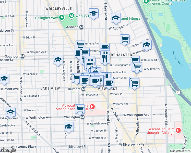 map of restaurants, bars, coffee shops, grocery stores, and more near 855 West Aldine Avenue in Chicago