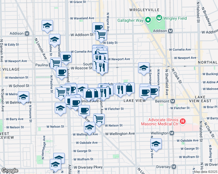 map of restaurants, bars, coffee shops, grocery stores, and more near 1337 West School Street in Chicago
