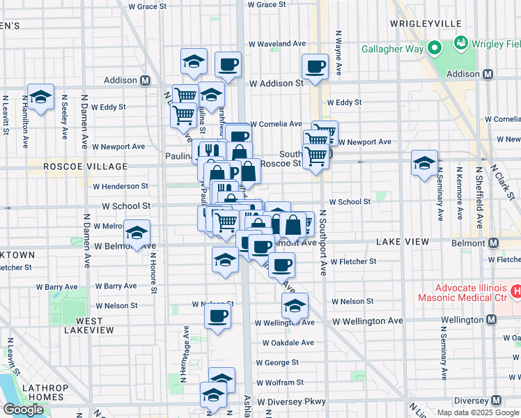 map of restaurants, bars, coffee shops, grocery stores, and more near 1529 West School Street in Chicago