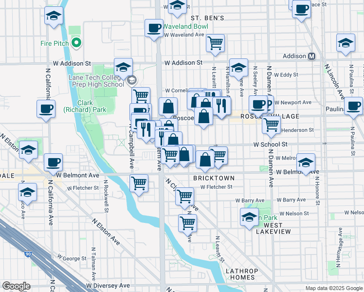 map of restaurants, bars, coffee shops, grocery stores, and more near 3303 North Oakley Avenue in Chicago