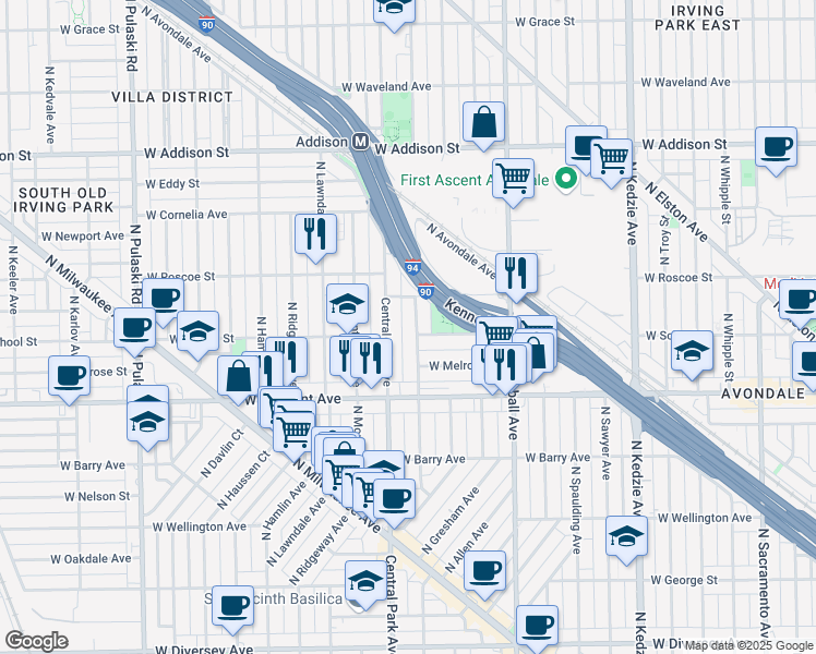 map of restaurants, bars, coffee shops, grocery stores, and more near 3311 North Central Park Avenue in Chicago