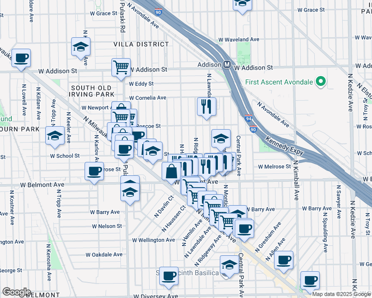 map of restaurants, bars, coffee shops, grocery stores, and more near 3316 North Ridgeway Avenue in Chicago