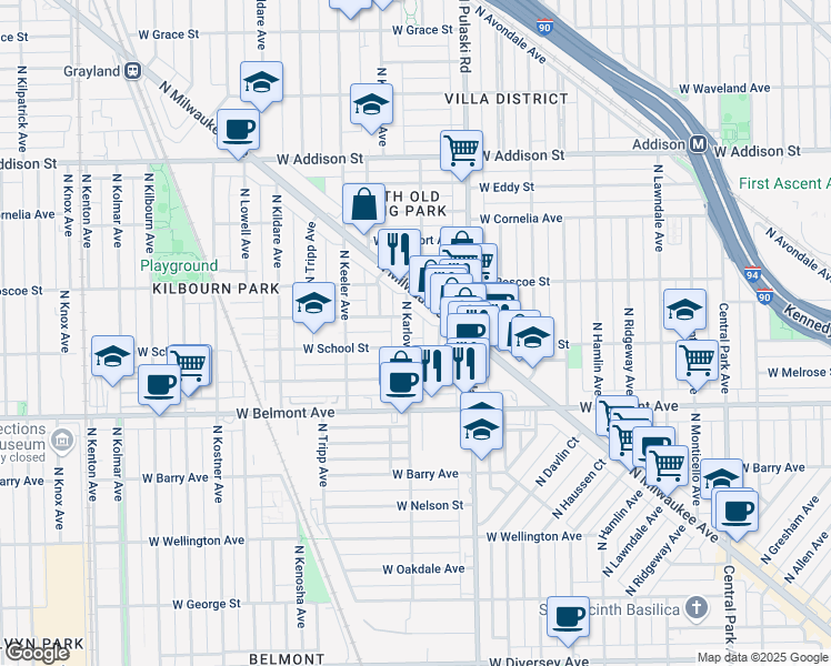map of restaurants, bars, coffee shops, grocery stores, and more near 3318 North Keystone Avenue in Chicago