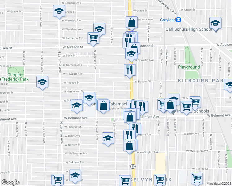 map of restaurants, bars, coffee shops, grocery stores, and more near 4834 West Henderson Street in Chicago
