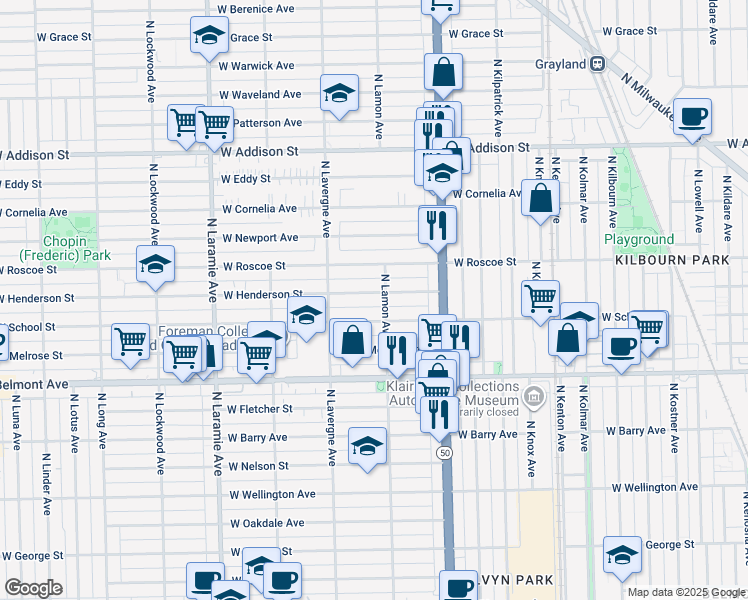 map of restaurants, bars, coffee shops, grocery stores, and more near 4911 West Henderson Street in Chicago