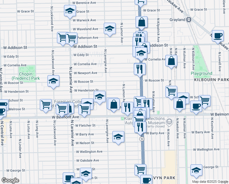 map of restaurants, bars, coffee shops, grocery stores, and more near 4911 West Henderson Street in Chicago