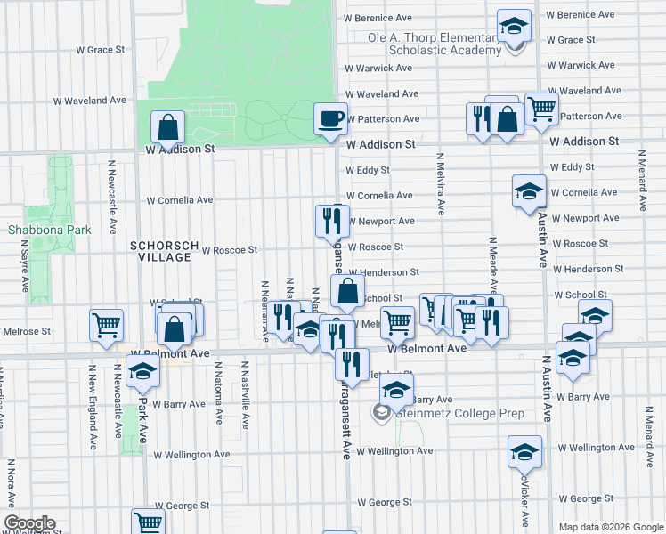 map of restaurants, bars, coffee shops, grocery stores, and more near 3347 North Narragansett Avenue in Chicago