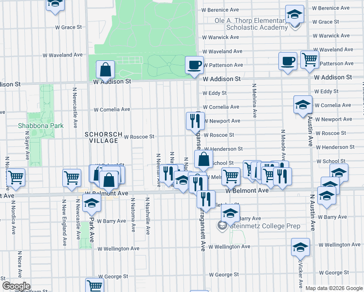 map of restaurants, bars, coffee shops, grocery stores, and more near 3350 North Nagle Avenue in Chicago