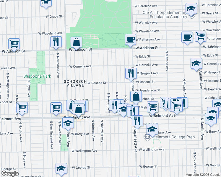 map of restaurants, bars, coffee shops, grocery stores, and more near 3350 North Natchez Avenue in Chicago