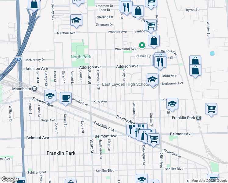 map of restaurants, bars, coffee shops, grocery stores, and more near 3433 Emerson Street in Franklin Park