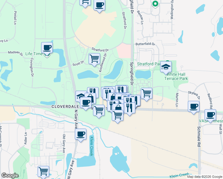 map of restaurants, bars, coffee shops, grocery stores, and more near 295 Knollwood Drive in Bloomingdale