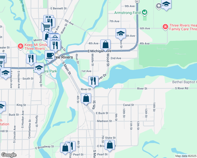 map of restaurants, bars, coffee shops, grocery stores, and more near 211 River Drive in Three Rivers