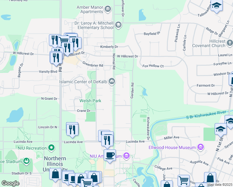 map of restaurants, bars, coffee shops, grocery stores, and more near 710 Normal Road in DeKalb