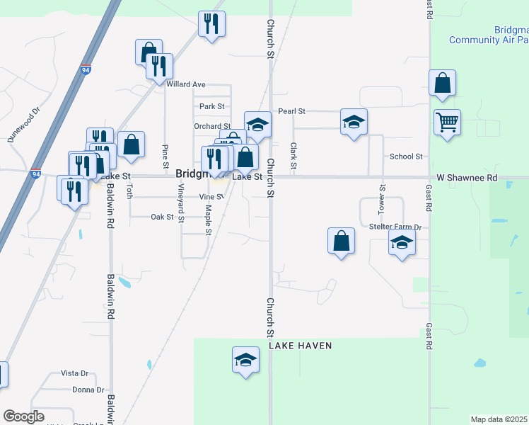 map of restaurants, bars, coffee shops, grocery stores, and more near 9776 Church Street in Sawyer