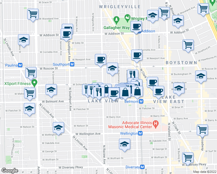 map of restaurants, bars, coffee shops, grocery stores, and more near 3255 North Racine Avenue in Chicago