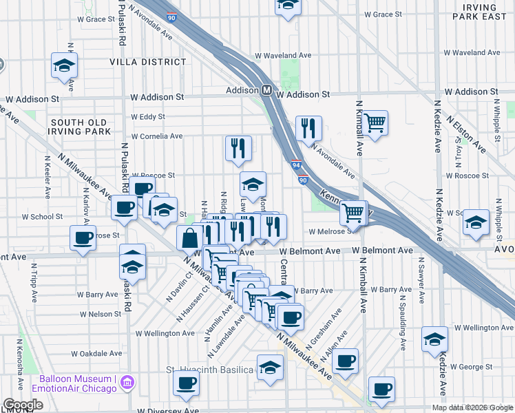 map of restaurants, bars, coffee shops, grocery stores, and more near 3650 West School Street in Chicago