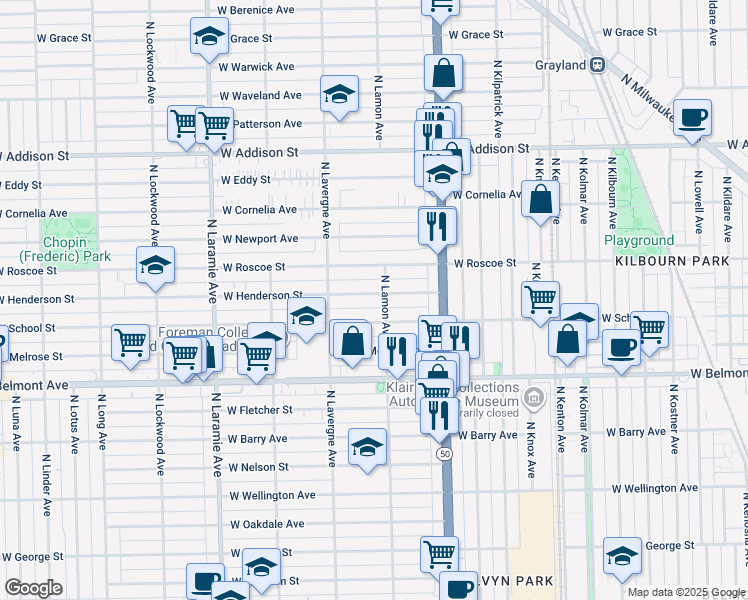 map of restaurants, bars, coffee shops, grocery stores, and more near 4911 West Henderson Street in Chicago