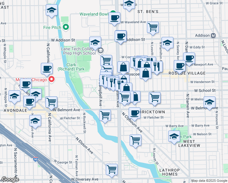 map of restaurants, bars, coffee shops, grocery stores, and more near 3312 North Western Avenue in Chicago