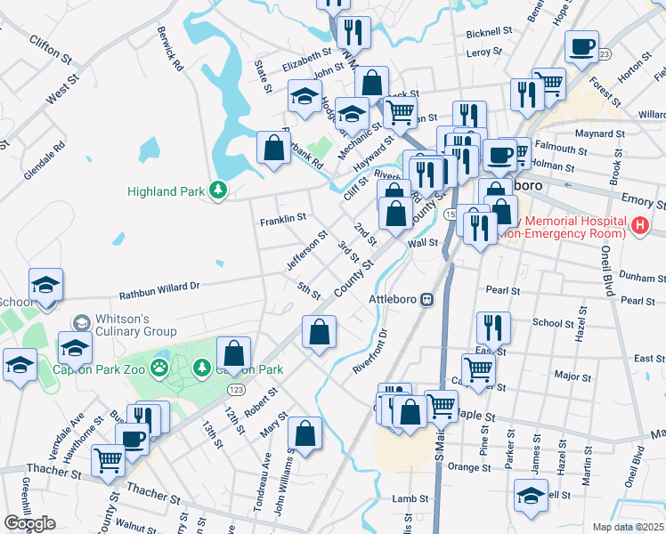 map of restaurants, bars, coffee shops, grocery stores, and more near 15 East 4th Street in Attleboro