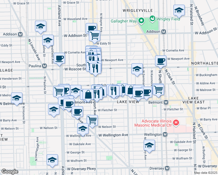 map of restaurants, bars, coffee shops, grocery stores, and more near 3252 North Lakewood Avenue in Chicago