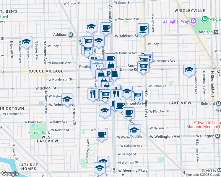 map of restaurants, bars, coffee shops, grocery stores, and more near 1601 West School Street in Chicago
