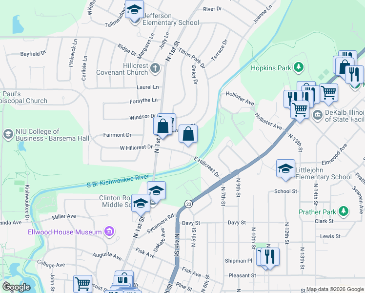map of restaurants, bars, coffee shops, grocery stores, and more near 229 East Hillcrest Drive in DeKalb