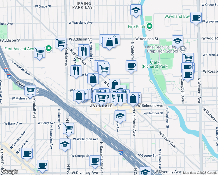 map of restaurants, bars, coffee shops, grocery stores, and more near in Chicago