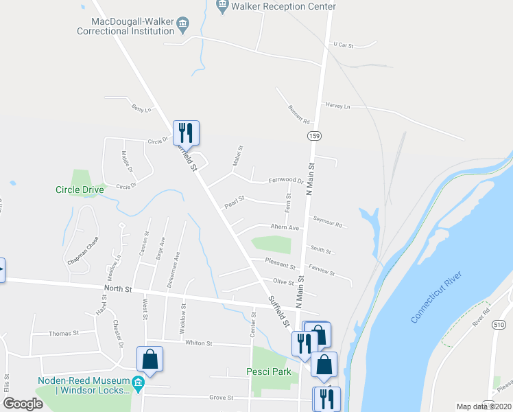 map of restaurants, bars, coffee shops, grocery stores, and more near 16 Pearl Street in Windsor Locks