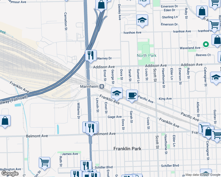 map of restaurants, bars, coffee shops, grocery stores, and more near 10255 Pacific Avenue in Franklin Park