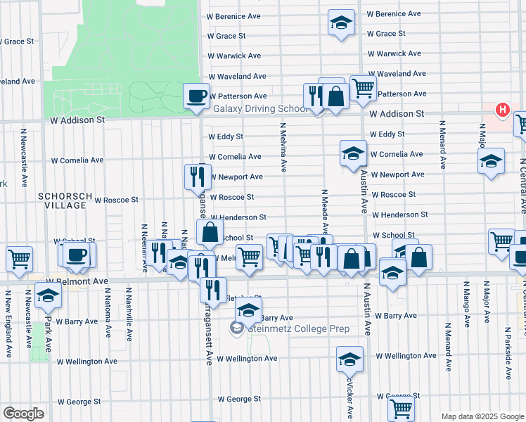 map of restaurants, bars, coffee shops, grocery stores, and more near 6244 West Henderson Street in Chicago