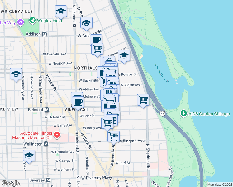 map of restaurants, bars, coffee shops, grocery stores, and more near 544 West Melrose Street in Chicago