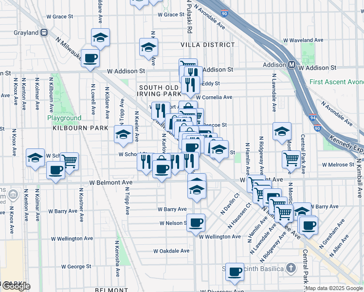 map of restaurants, bars, coffee shops, grocery stores, and more near 3330 North Milwaukee Avenue in Chicago