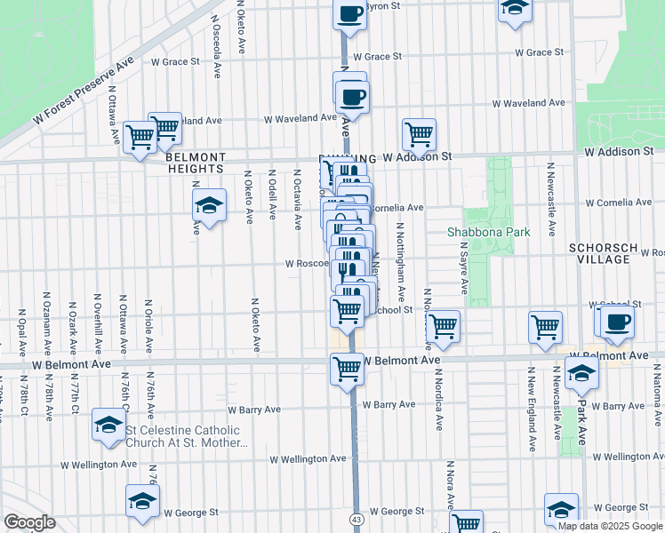 map of restaurants, bars, coffee shops, grocery stores, and more near 3420 Illinois 43 in Chicago