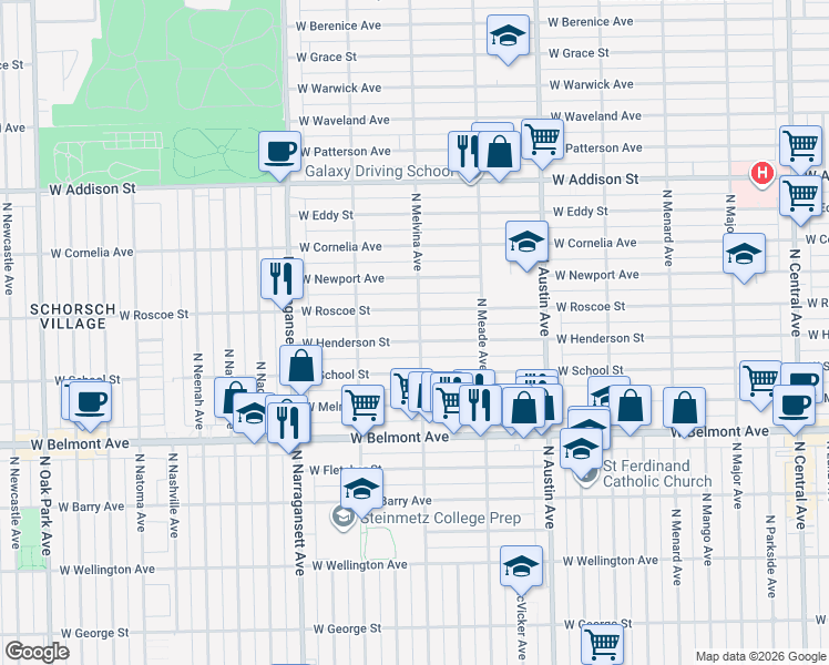 map of restaurants, bars, coffee shops, grocery stores, and more near 3336 North Melvina Avenue in Chicago