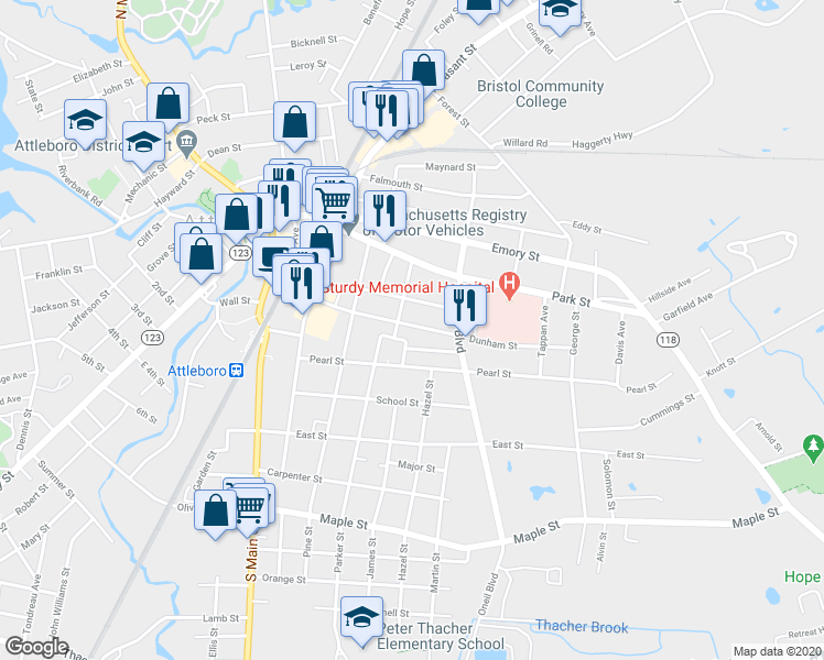 map of restaurants, bars, coffee shops, grocery stores, and more near 64 Dunham Street in Attleboro