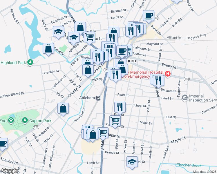 map of restaurants, bars, coffee shops, grocery stores, and more near 75 South Main Street in Attleboro