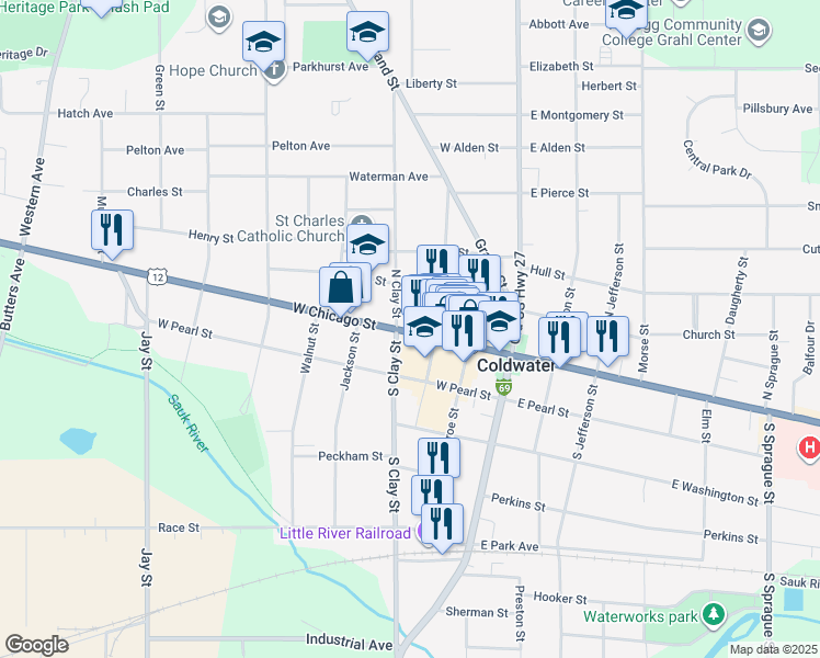 map of restaurants, bars, coffee shops, grocery stores, and more near 92 West Chicago Street in Coldwater