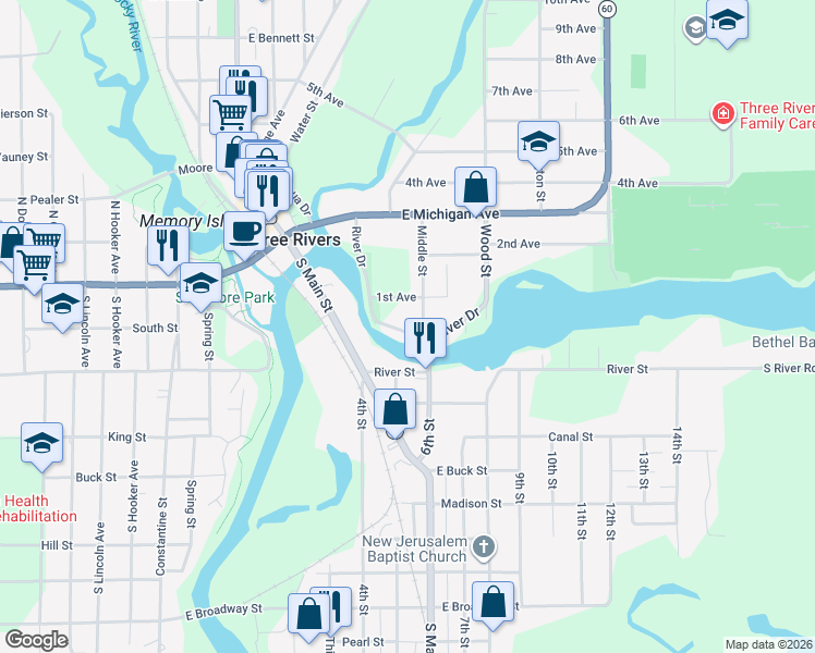 map of restaurants, bars, coffee shops, grocery stores, and more near 116 Middle Street in Three Rivers