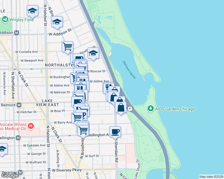 map of restaurants, bars, coffee shops, grocery stores, and more near 420 West Melrose Street in Chicago