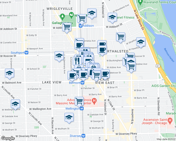map of restaurants, bars, coffee shops, grocery stores, and more near 915 West School Street in Chicago