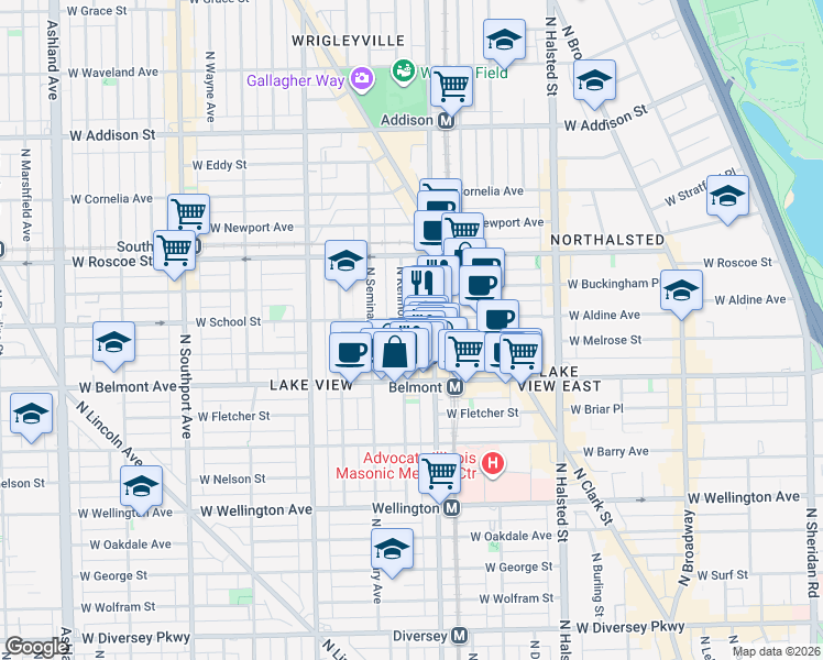 map of restaurants, bars, coffee shops, grocery stores, and more near 3252 North Kenmore Avenue in Chicago