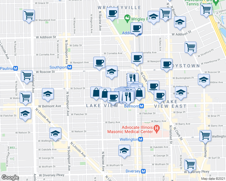 map of restaurants, bars, coffee shops, grocery stores, and more near 3256 North Seminary Avenue in Chicago