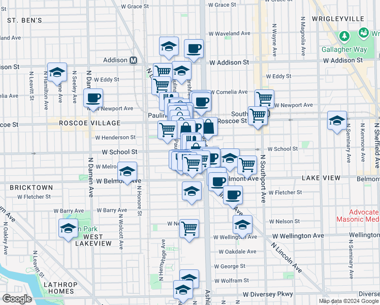 map of restaurants, bars, coffee shops, grocery stores, and more near 3300 North Lincoln Avenue in Chicago