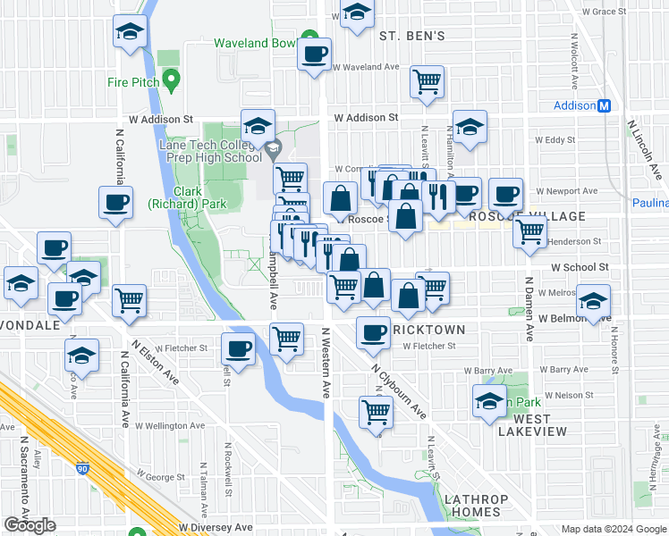 map of restaurants, bars, coffee shops, grocery stores, and more near 3300 North Claremont Avenue in Chicago