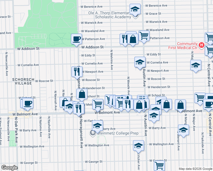 map of restaurants, bars, coffee shops, grocery stores, and more near 3336 North Melvina Avenue in Chicago