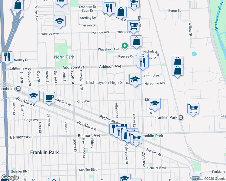 map of restaurants, bars, coffee shops, grocery stores, and more near 3432 Lonnquist Drive in Franklin Park