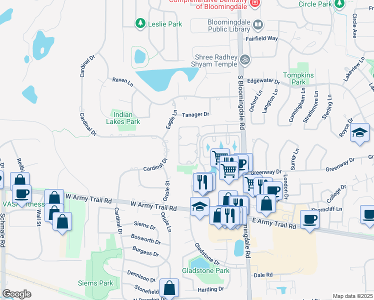 map of restaurants, bars, coffee shops, grocery stores, and more near 2282 Century Point Lane in Glendale Heights