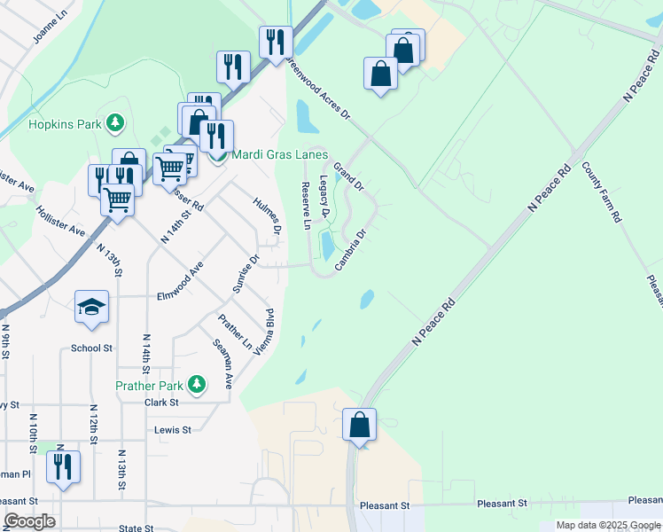 map of restaurants, bars, coffee shops, grocery stores, and more near 1445 Cambria Drive in DeKalb