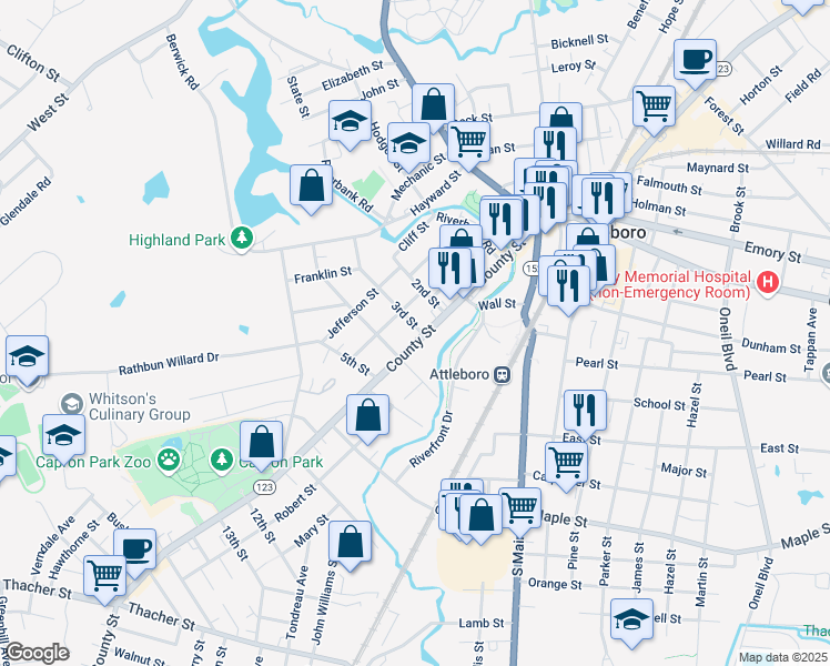 map of restaurants, bars, coffee shops, grocery stores, and more near 119 County Street in Attleboro