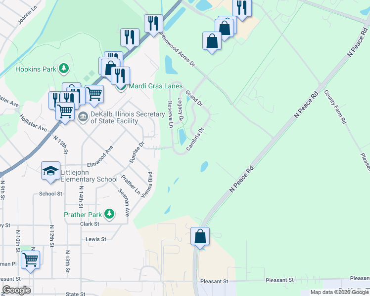 map of restaurants, bars, coffee shops, grocery stores, and more near 1445 Cambria Drive in DeKalb